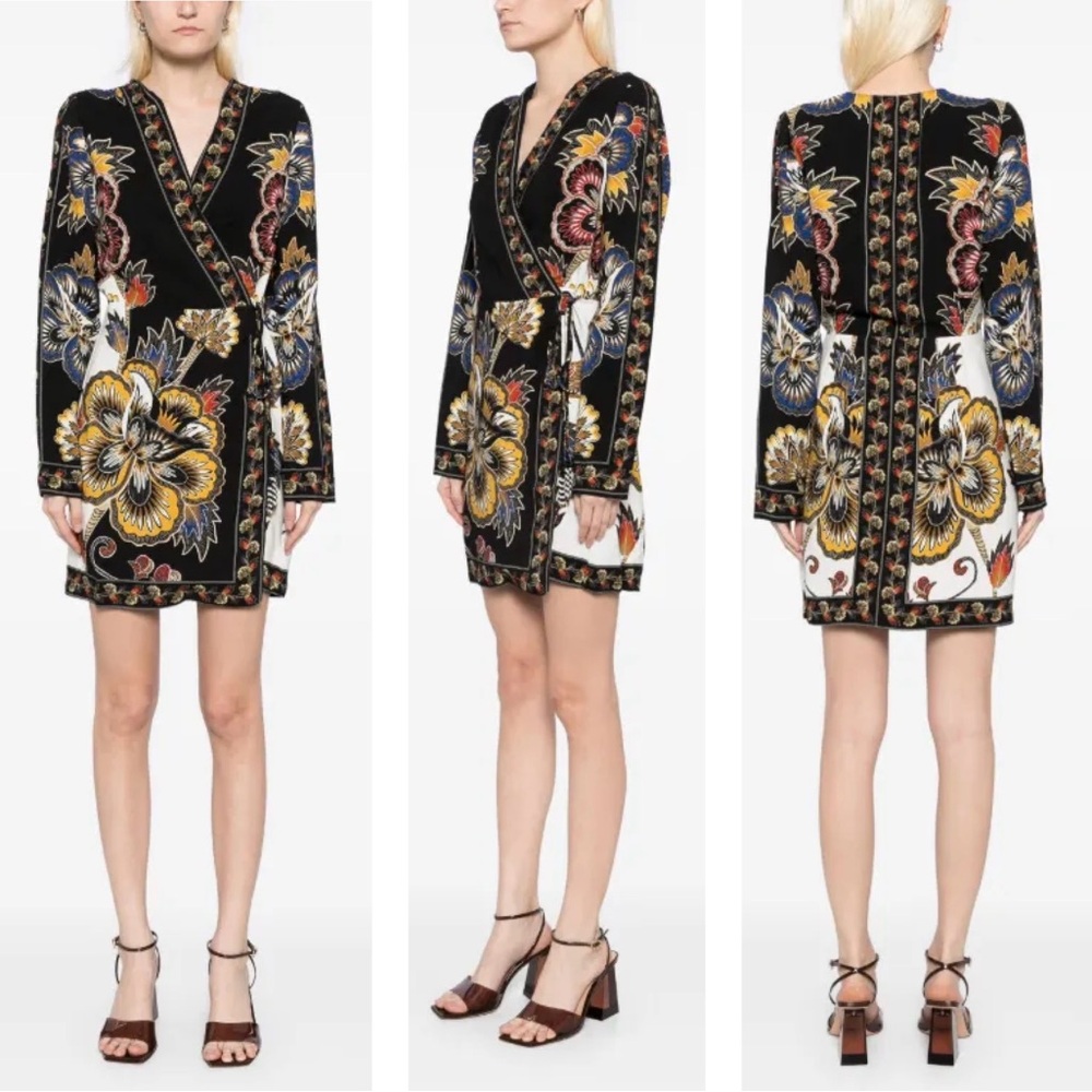 FARM Rio Floral Border Print Long Sleeve Wrap Minidress in Maxi Floral Black - Picture 16 of 16